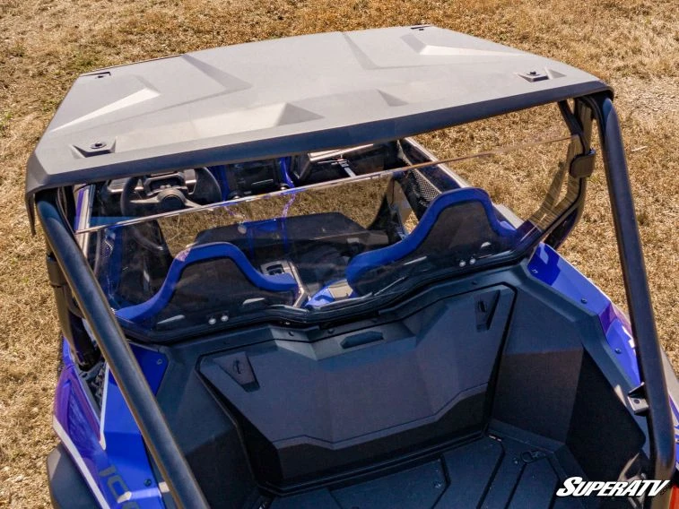 High rear view over the roof of the Honda Talon 1000 showing the SuperATV rear windshield and seat backs