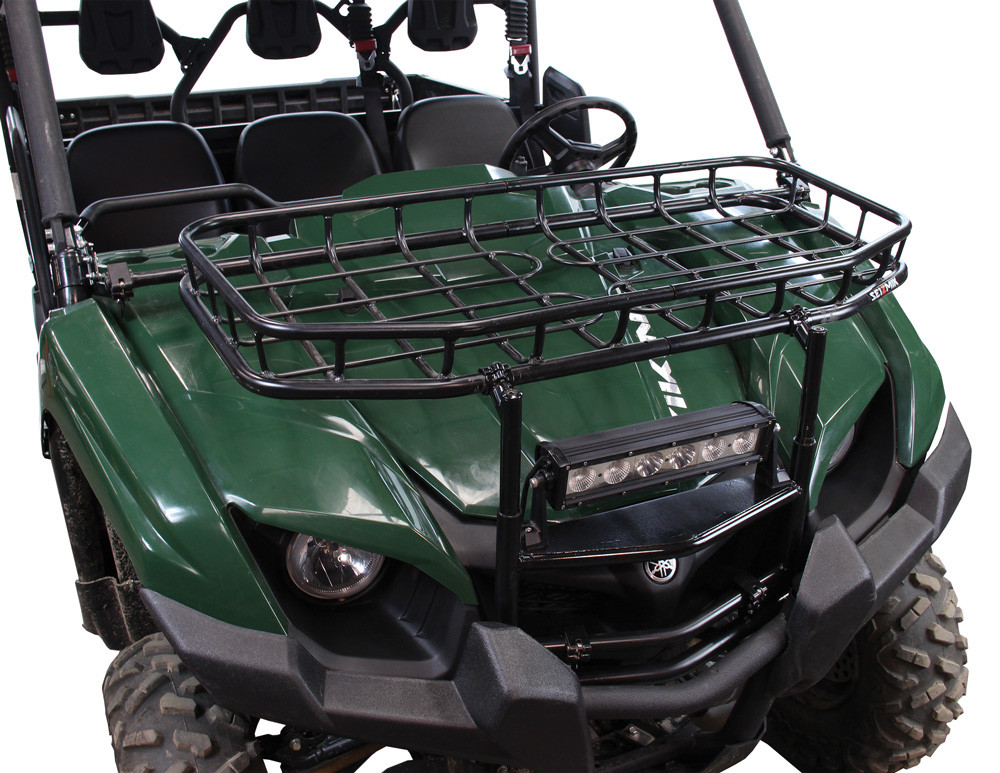 Seizmik hood rack mounted on a green Yamaha Viking with an LED light bar on the front edge, front three-quarter view