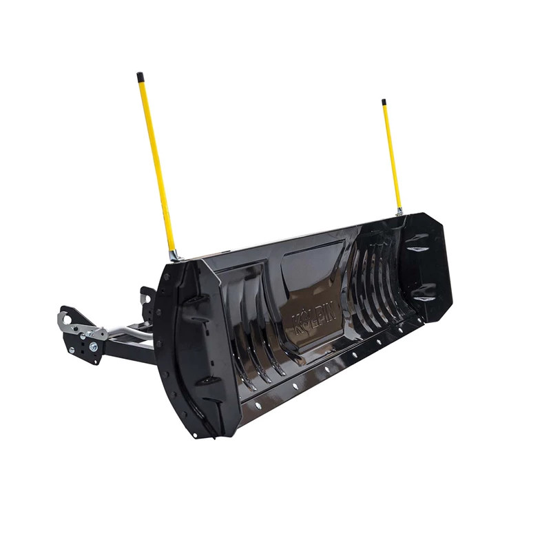 Black plow blade with Kolpin snow plow blade wings and yellow marker poles, angled view on white