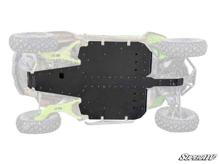 SuperATV full skid plate for the Textron Wildcat XX, black plate shown on the faded underside of the machine