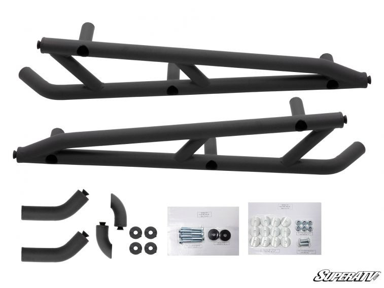 SuperATV Maverick X3 nerf bar kit laid out, two black tube bars, brackets, spacers and bagged hardware