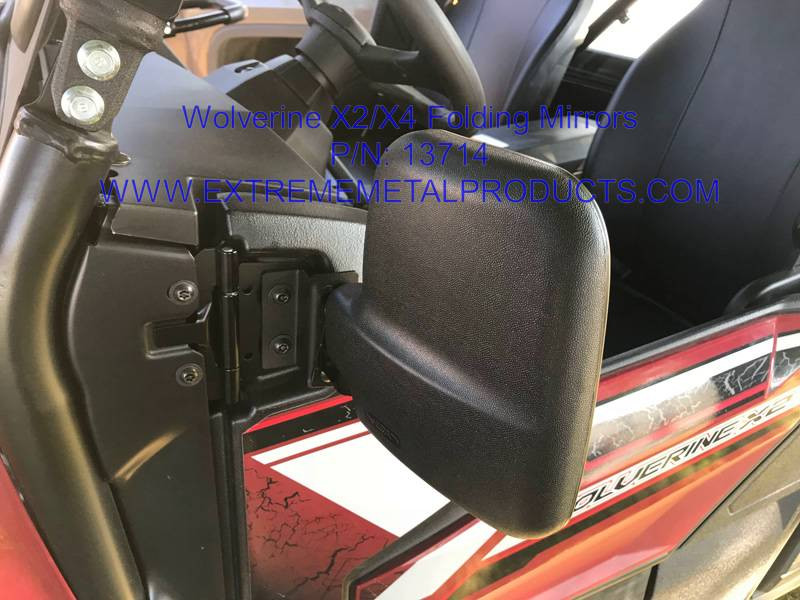 Extreme Metal Products side mirror folded back against the door of a red Yamaha Wolverine X2, exterior view