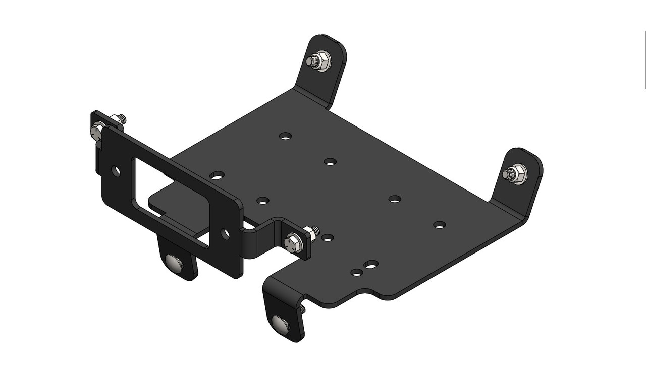 Eagle winch mount for Polaris RZR, black steel plate with a winch cutout and side brackets, 3D render