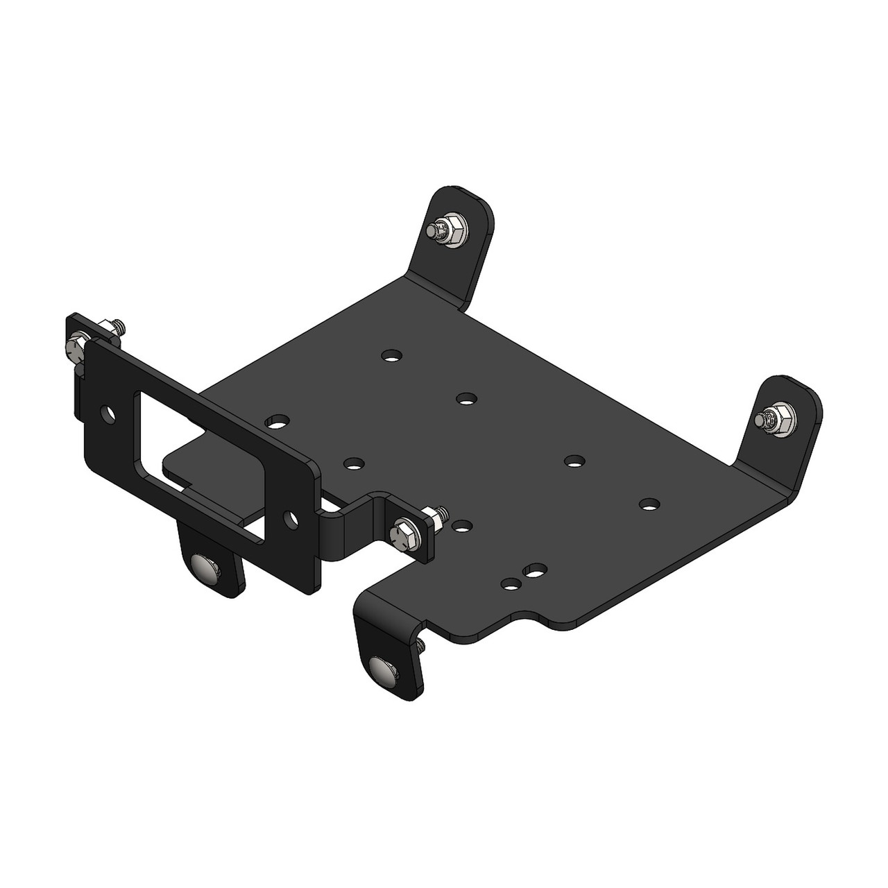 Eagle winch mount for Polaris RZR, black steel plate with a winch cutout and side brackets, 3D render