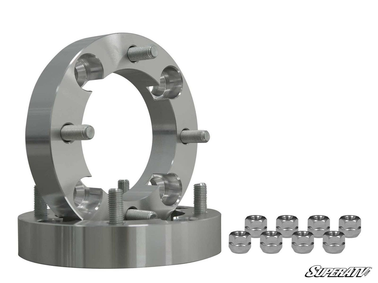 SuperATV Polaris General wheel spacer pair with eight lug nuts beside the stacked spacers