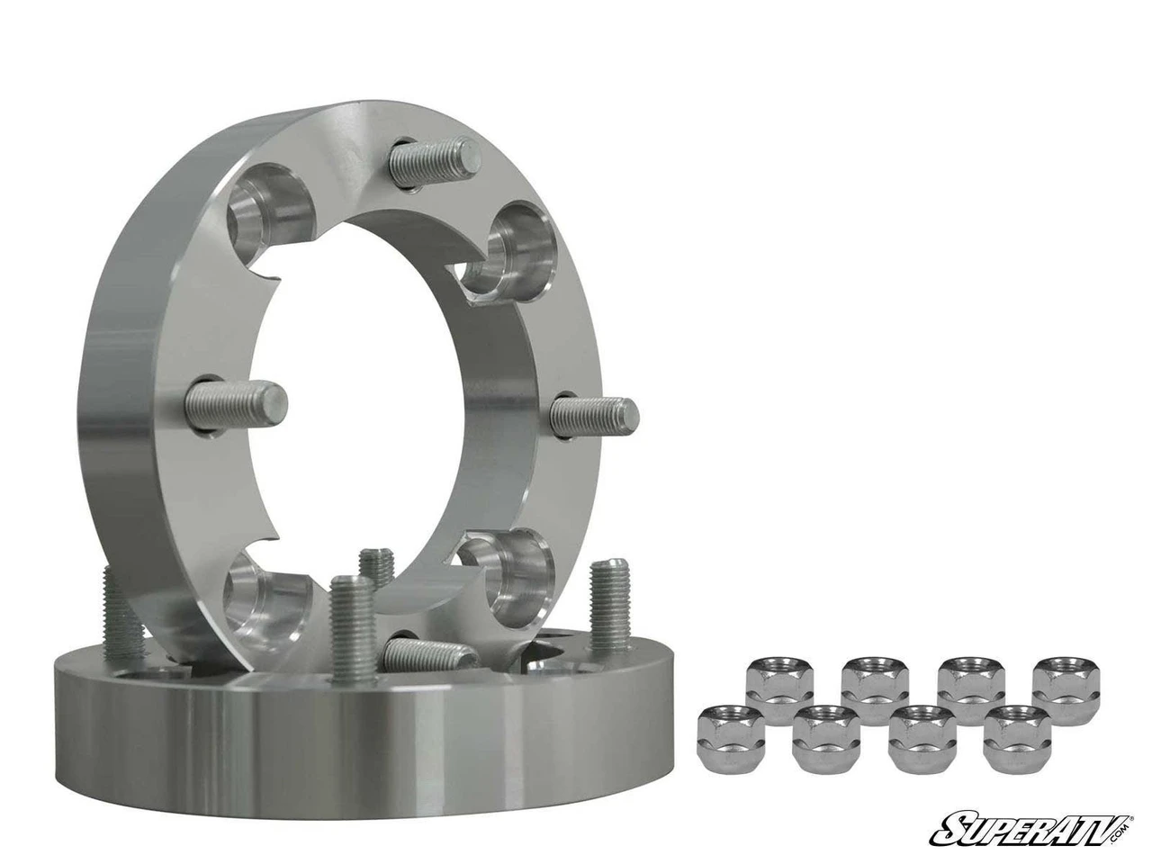 SuperATV Polaris Ranger wheel spacer pair with eight lug nuts beside the stacked spacers