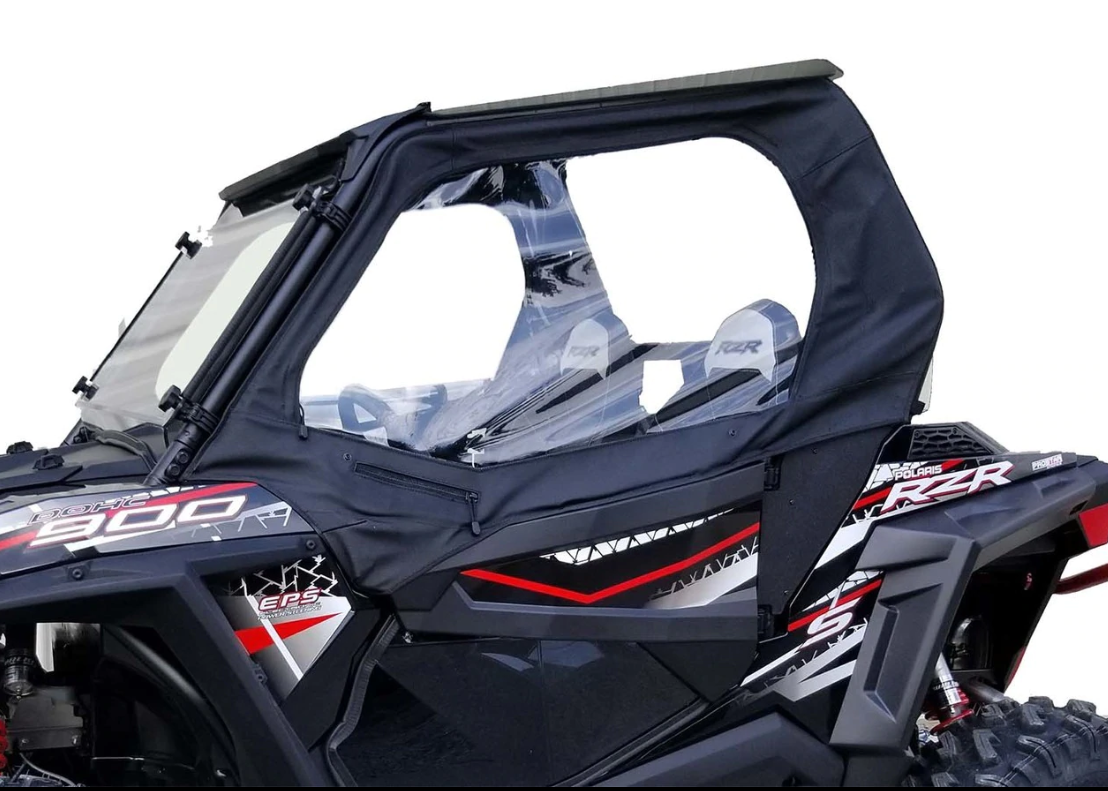 Spike framed upper door kit installed on a black and red Polaris RZR 900, side view with clear windows