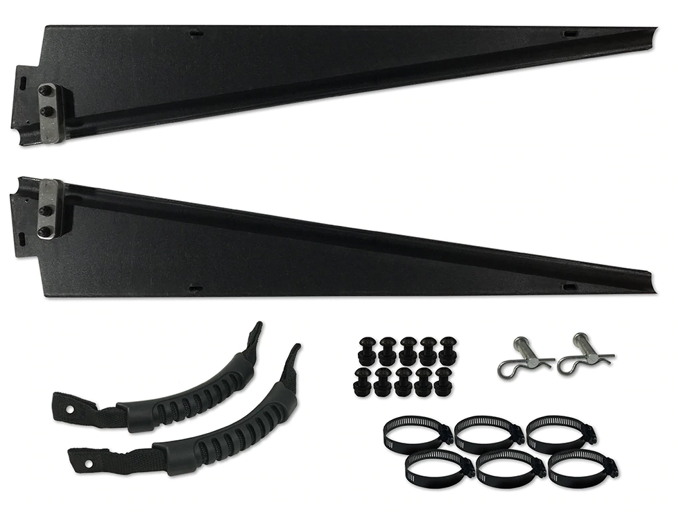 Spike upper door kit frames, clamp brackets, rubber inserts and hardware laid out on white