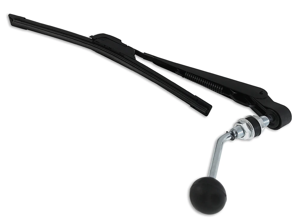 Spike manual wiper arm with black blade and ball knob handle for hard coated or glass windshields, laid on white