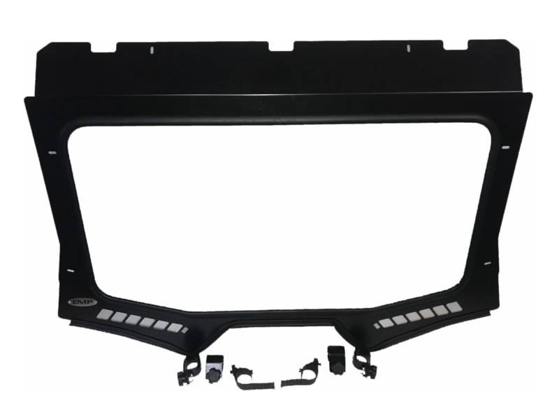 Extreme Metal Products YXZ glass windshield in its black steel frame with clamp brackets, shown on white
