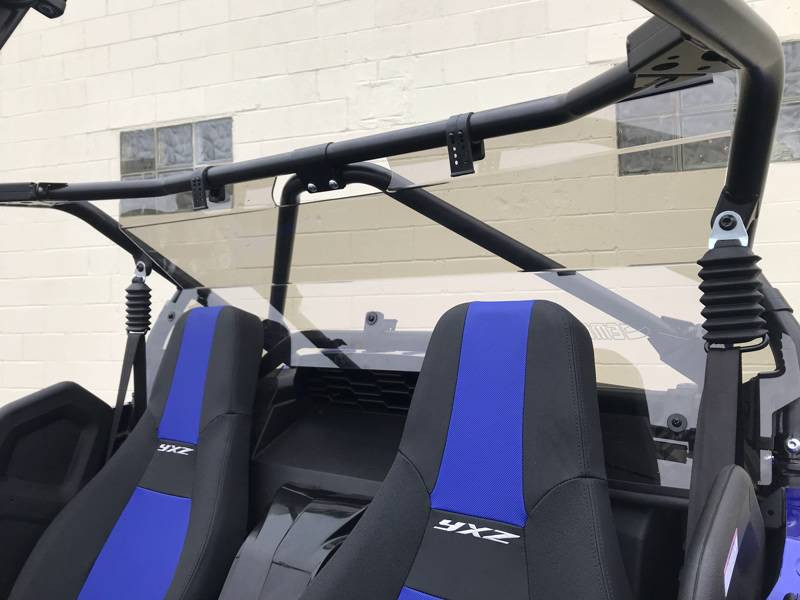 Straight-on rear view of the Extreme Metal Products polycarbonate rear panel behind the seats of a Yamaha YXZ
