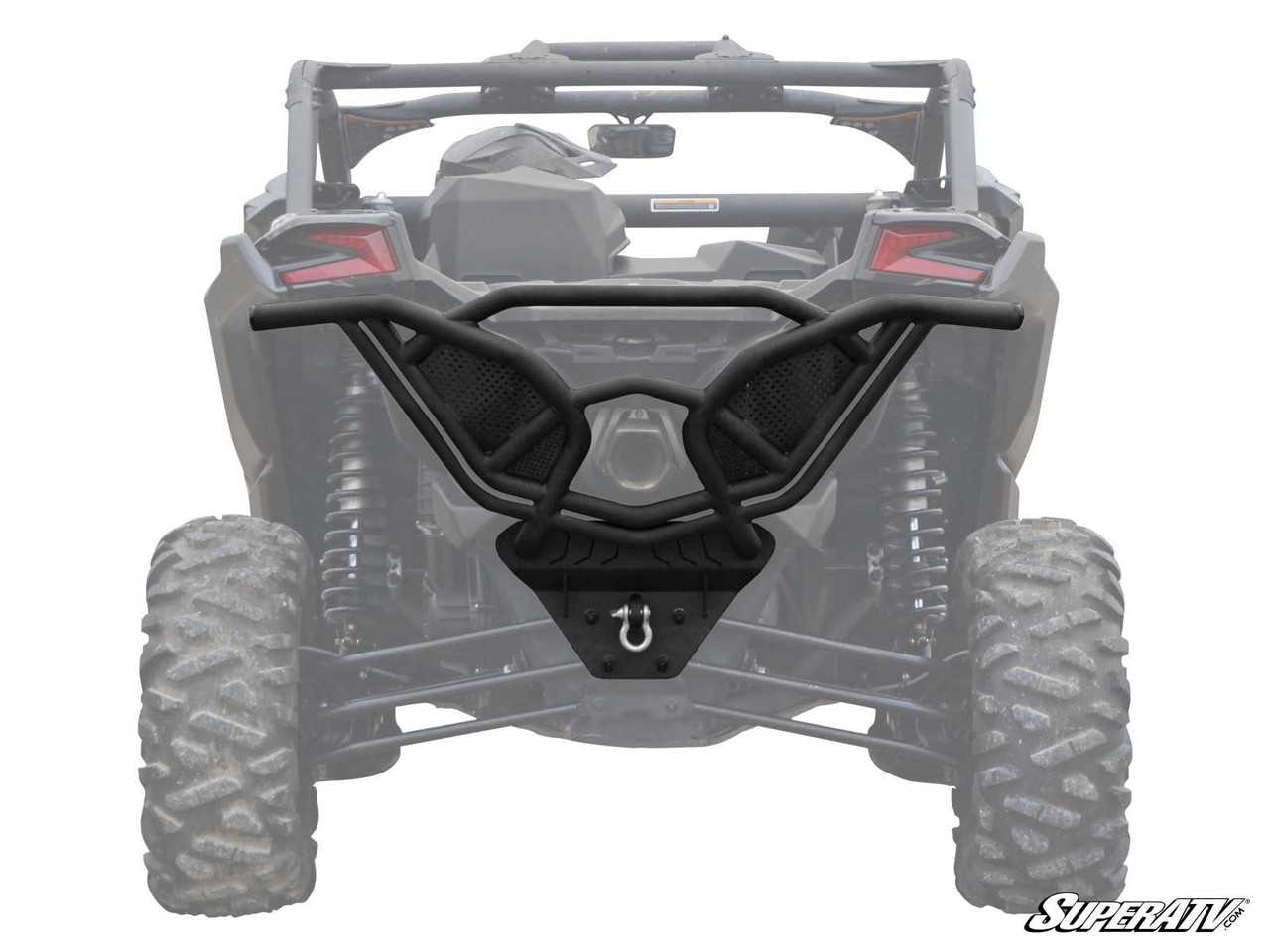 SuperATV rear bumper on a Can-Am Maverick X3 with black tube frame, mesh panels and shackle mount, rear view