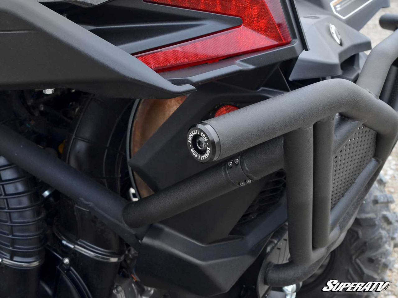 Close-up of the SuperATV Can-Am Maverick X3 rear bumper tube end and mount beside the taillight