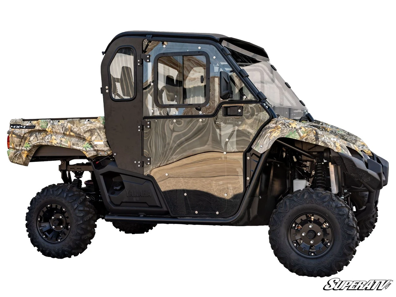 SuperATV convertible cab enclosure hard doors on a camo Yamaha Viking, side profile on a white studio background