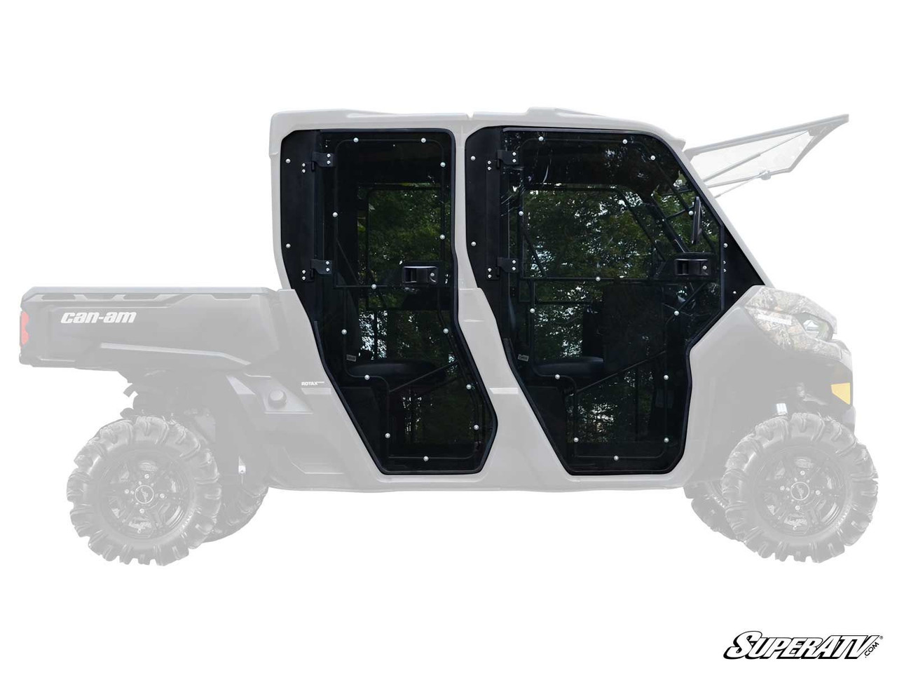 SuperATV full cab enclosure, four doors with tinted windows shown on a faded Can-Am Defender Max outline, side view