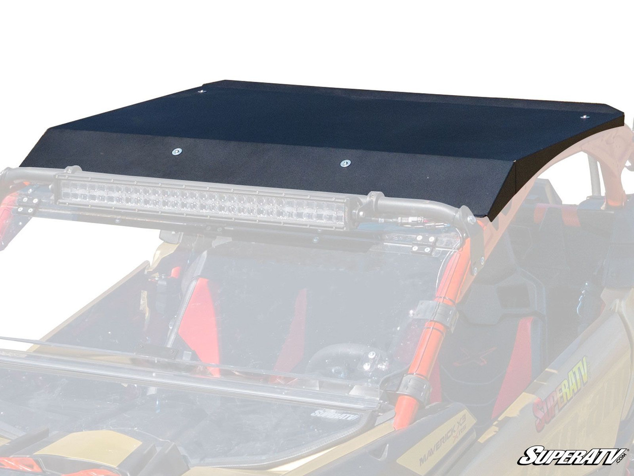 SuperATV black aluminum roof with a light bar mounted on a Can-Am Maverick X3, front view on a white background