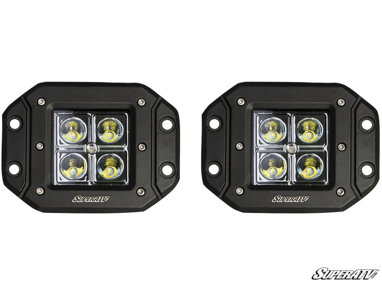 SuperATV 3-inch LED recessed cube lights, pair of black flush mount pods with four LEDs each, front view on white