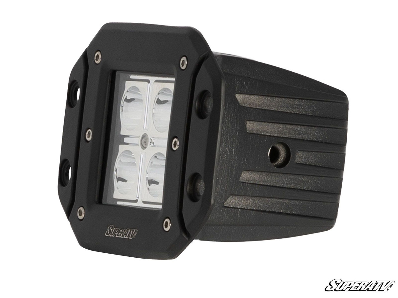 Single SuperATV 3-inch recessed cube light angled to show the finned housing and flush mount flange