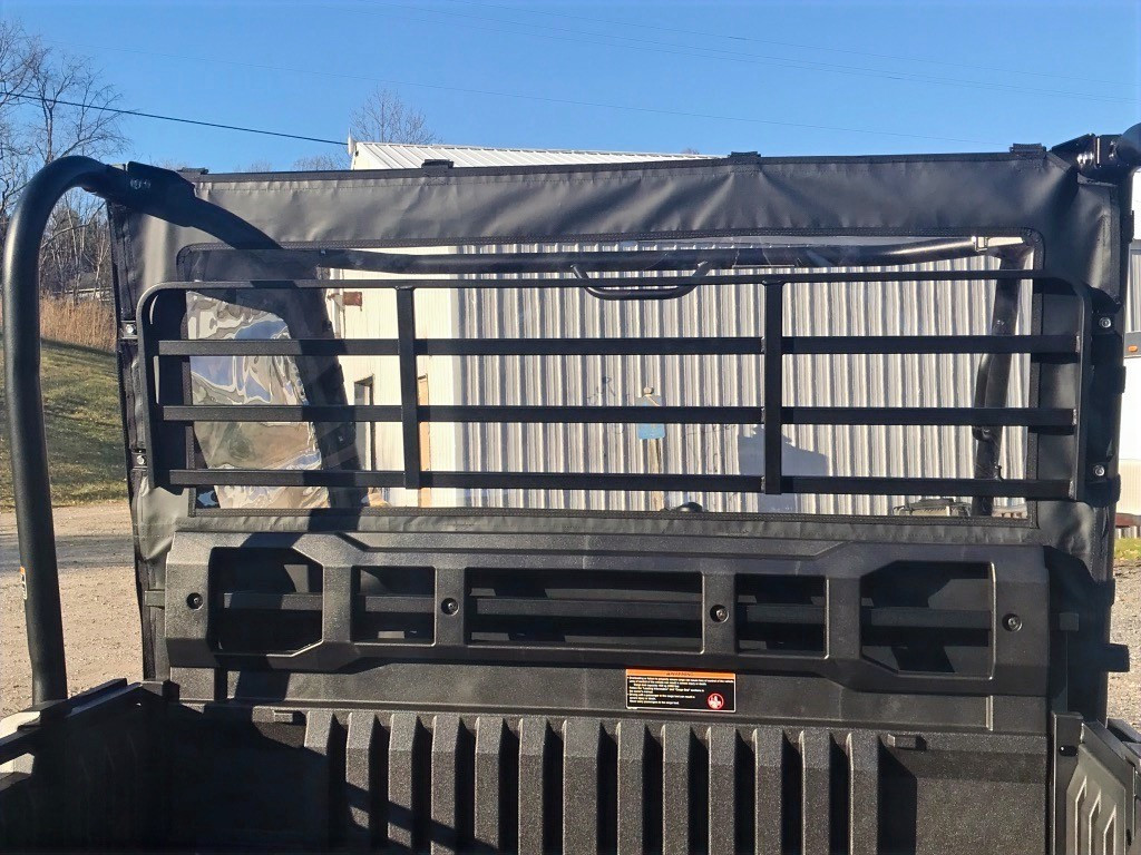 Greene Mountain rear windjammer on a Kawasaki Mule ProFX, straight-on view over the cargo bed
