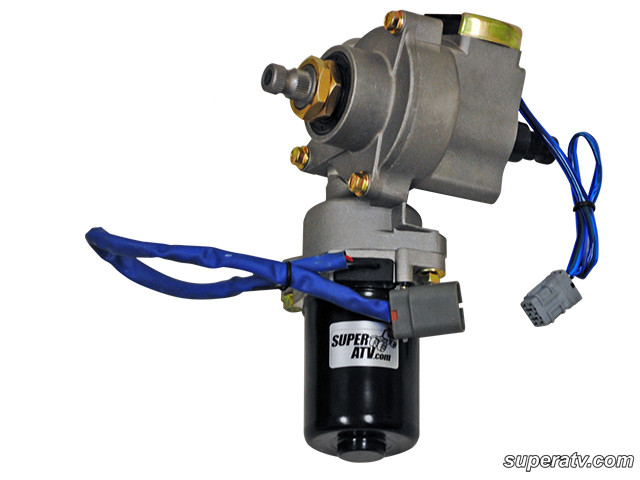 Close-up of the SuperATV EZ Steer power steering motor with blue wiring and connectors