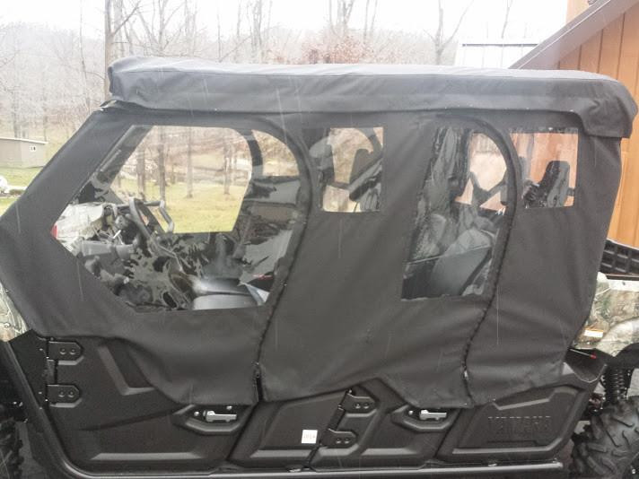 Side view of the black Side X Side cab enclosure doors with zippered windows on a Yamaha Viking VI