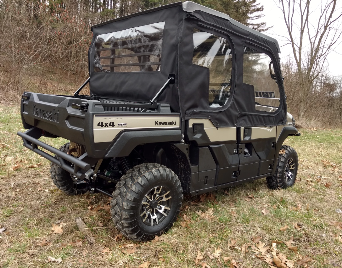 Rear three-quarter view of a Kawasaki Mule Pro FXT with the Side X Side rear window panel and soft doors