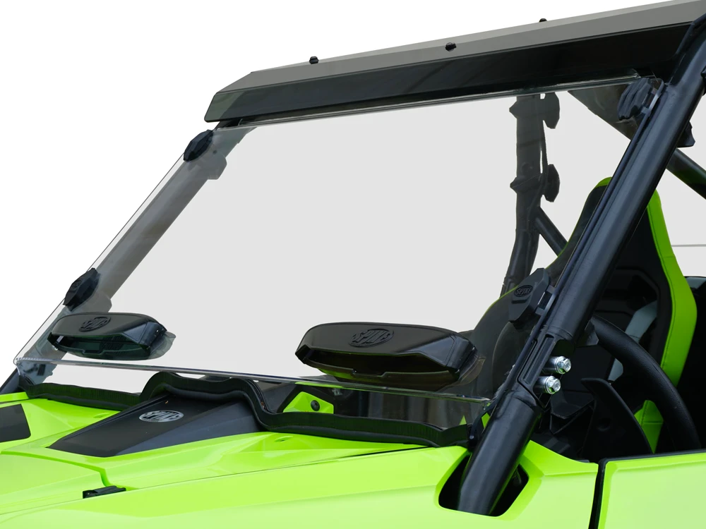 Spike windshield for Honda Talon 2- and 4-seat: vented windshield installed on a green UTV, front corner view