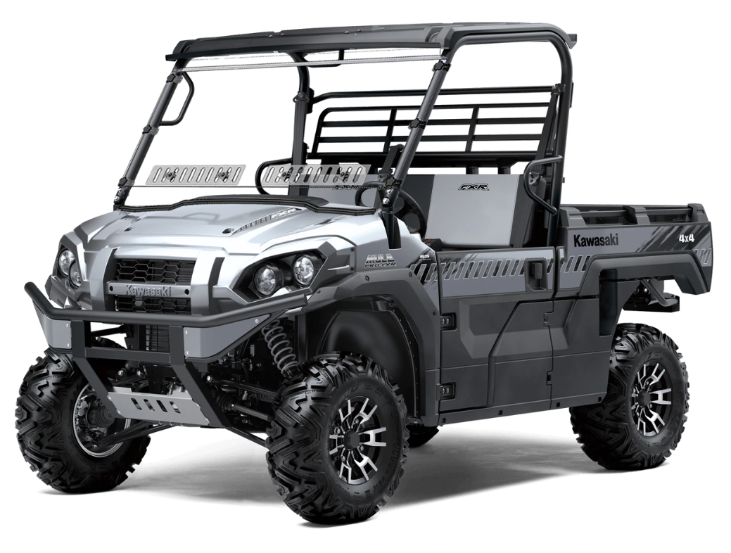 Silver Kawasaki Mule Pro-FXR with the Spike Powersports full vented windshield, front three-quarter view