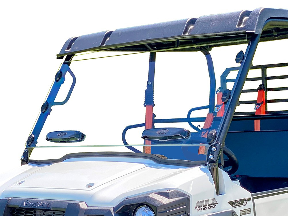Spike Powersports clear hard-coated windshield with two flow vents on a Kawasaki Mule Pro-FXT, front close-up
