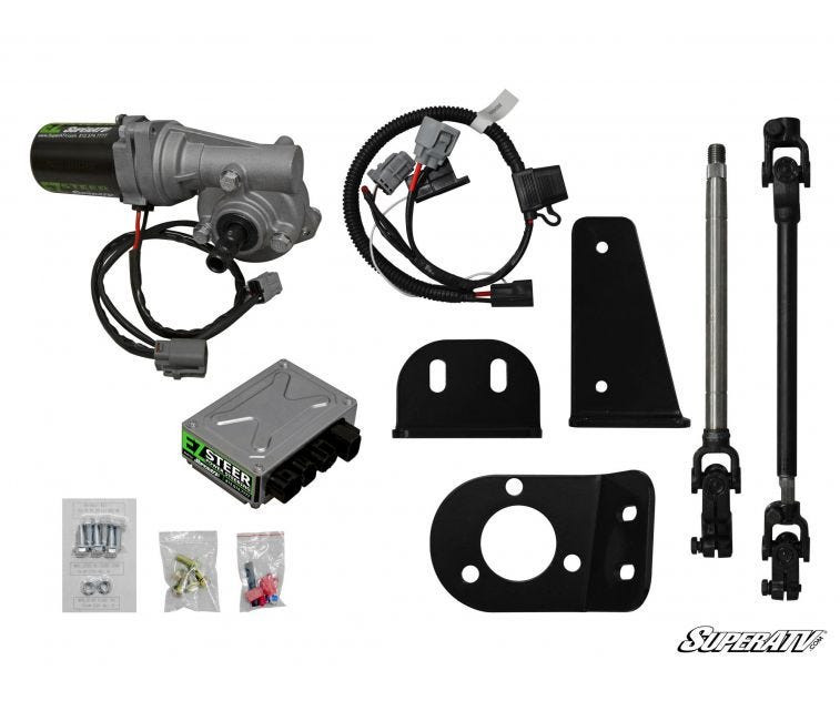 SuperATV power steering kit for the John Deere Gator RSX 850i laid out: motor, control box, harness, shafts, brackets