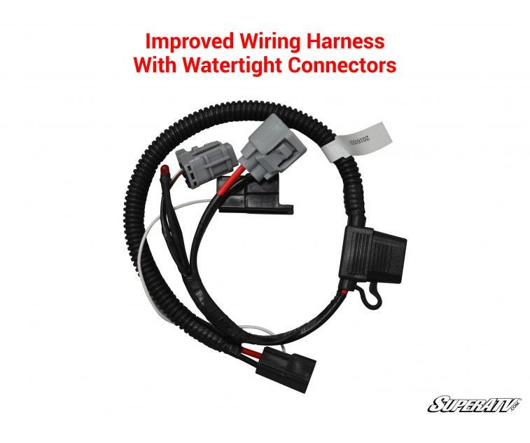 SuperATV power steering wiring harness with watertight connectors and fuse holder, laid out on white