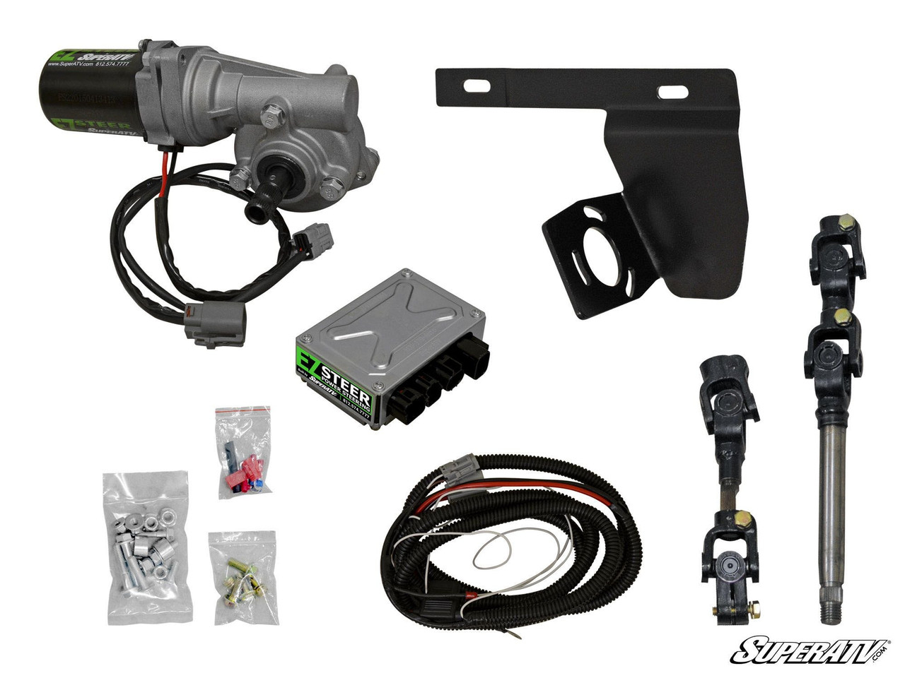 SuperATV power steering kit for the John Deere Gator with motor, control box, shafts, bracket and wiring laid out