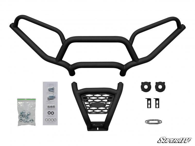 SuperATV black front bumper for the Polaris General with mesh insert, brackets and hardware on white