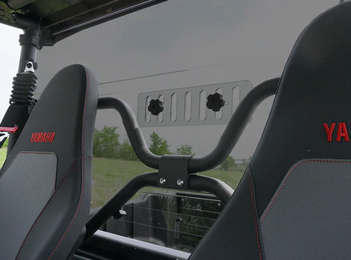 Spike Powersports tinted rear windshield seen from between the seats of a Yamaha Wolverine X2