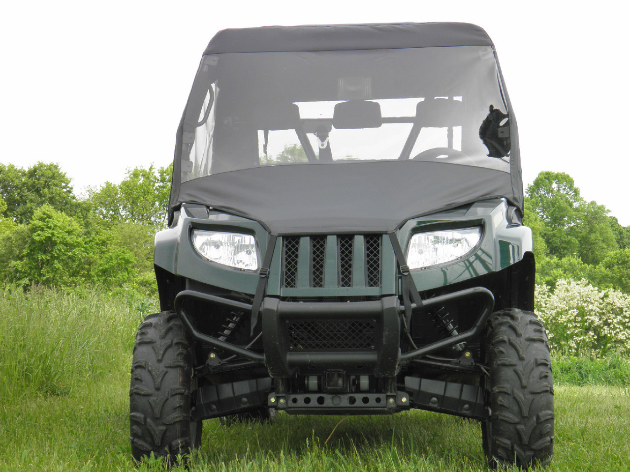 Front view of an Arctic Cat Prowler 550 with the 3 Star vinyl windshield and soft top installed