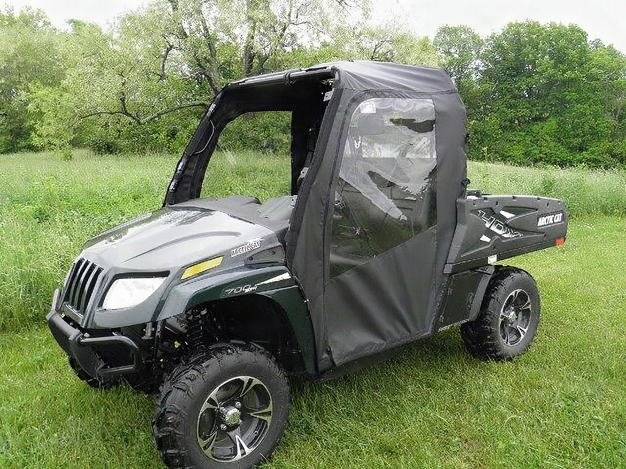 3 Star soft doors with clear windows on a black Arctic Cat Prowler 650 with matching soft top, front three-quarter