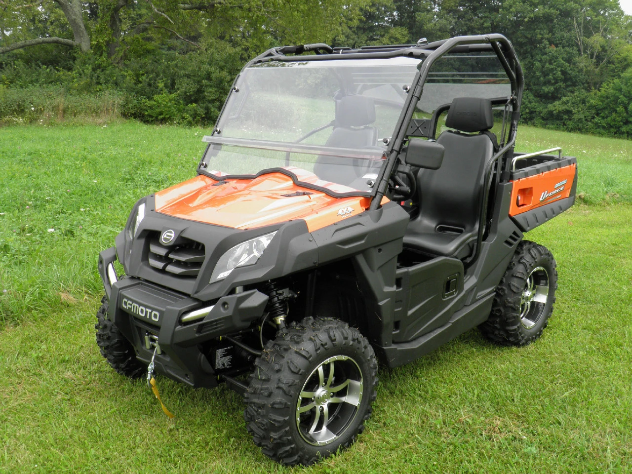 3 Star two-piece scratch-resistant windshield on an orange CF Moto UForce, front three-quarter view