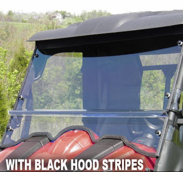 Close front view of the 3 Star two-piece windshield on a red Hisun 500/700 hood with black hood stripes