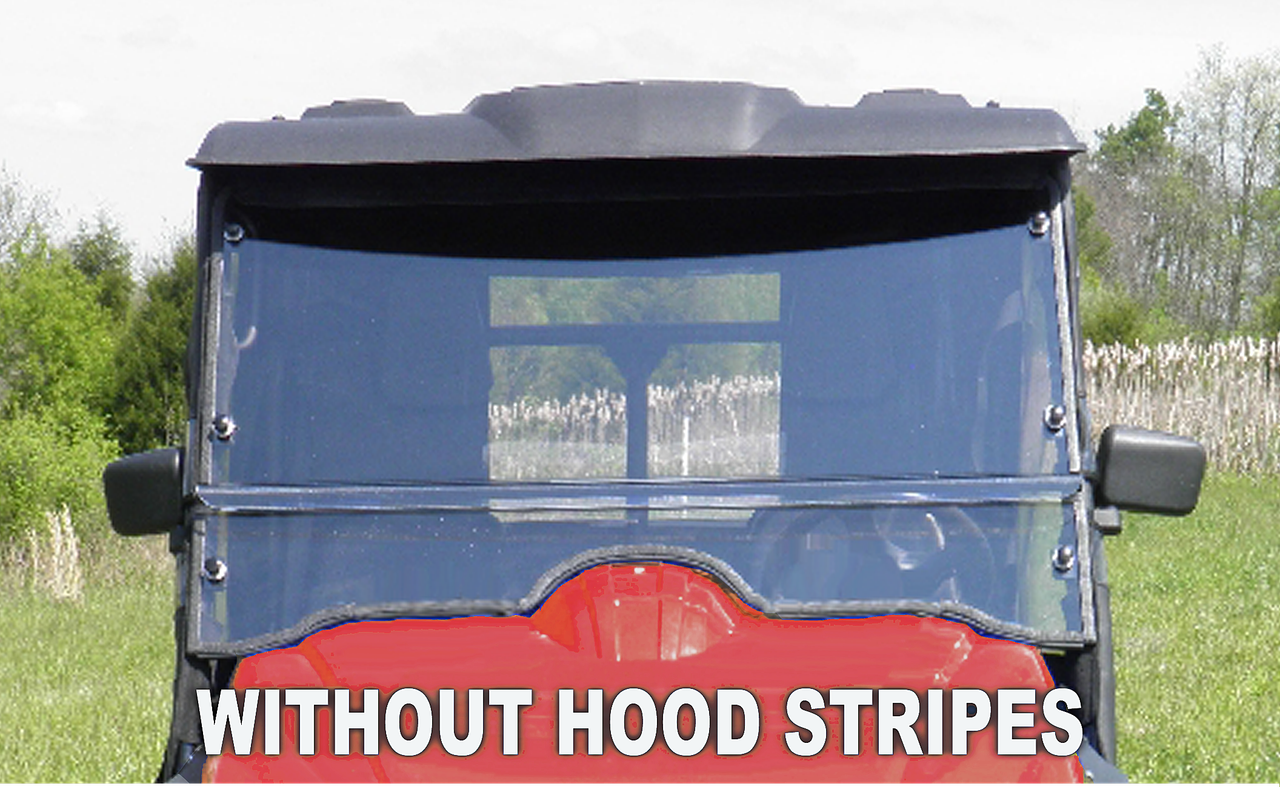 Front view of the 3 Star two-piece windshield and roof on a red Hisun 500/700 without hood stripes