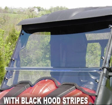 Close-up of the 3 Star two-piece windshield on a red Hisun 500/700 with black hood stripes, front three-quarter