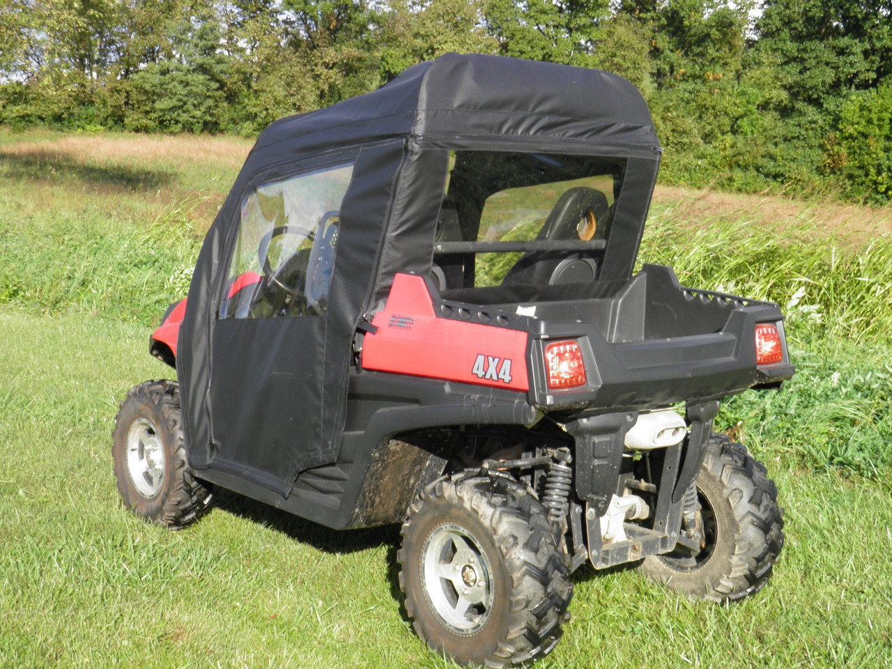 3 Star soft doors and rear window combo installed on a red Hisun HS800, front three-quarter view