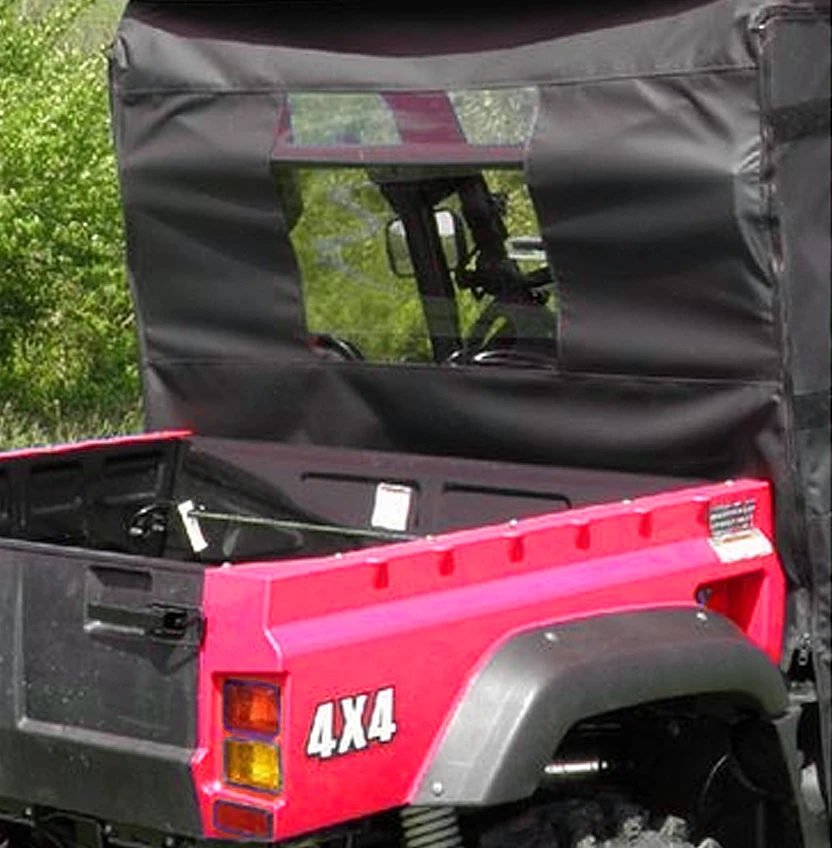 3 Star soft back panel with clear window behind the cab of a red Honda Big Red, rear three-quarter view from the bed