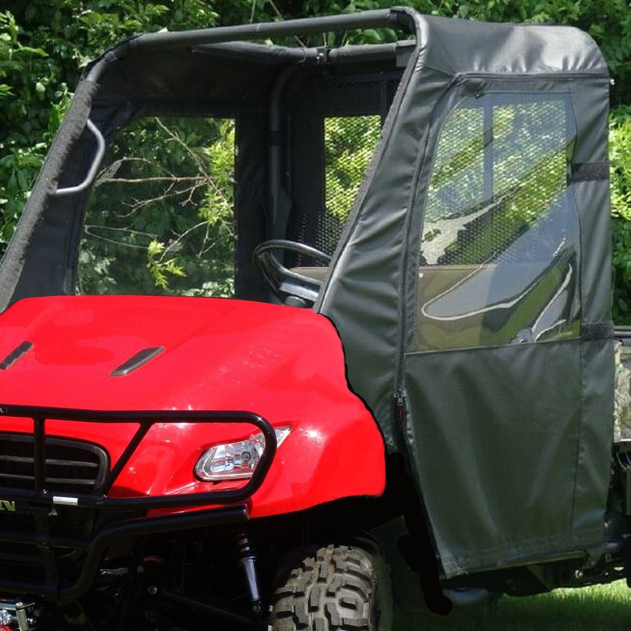 3 Star soft door with clear window on a red Honda Big Red, close front 3/4 view outdoors