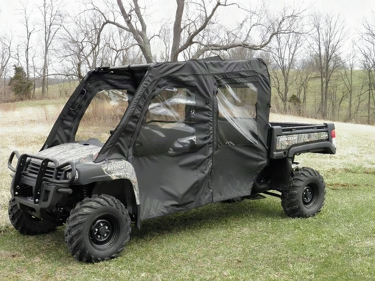 3 Star soft doors and rear window combo in black on a camo John Deere Gator XUV-4, front three-quarter