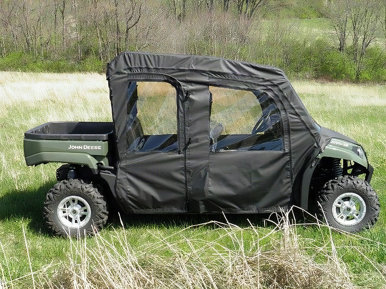 3 Star full cab enclosure in black on a green John Deere Gator 550/560/590 S4, side profile in a field