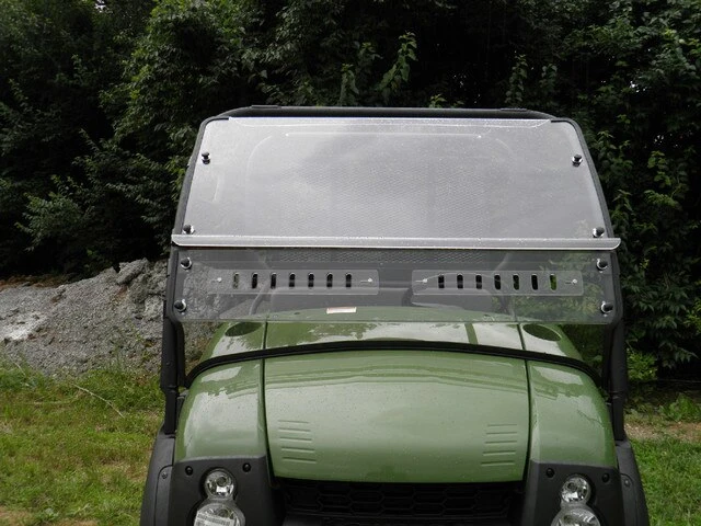 Straight front view of the green Mule with the 3 Star two-piece windshield and lower vents