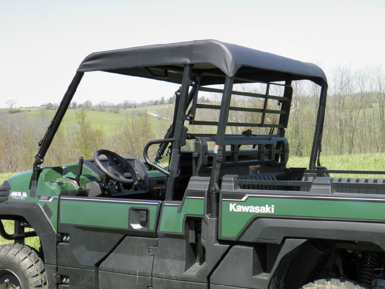 3 Star black soft top on a green Kawasaki Mule Pro FX/DX, side view showing the cab and cargo bed rack