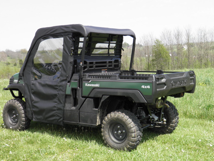 Rear three-quarter view from the passenger side of the 3 Star soft doors combo on a green Kawasaki Mule Pro-FX