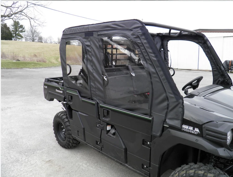 3 Star soft upper doors over the hard half doors of a green Kawasaki Mule Pro-FXT, close front three-quarter view