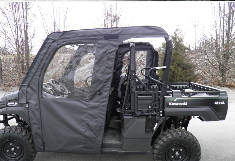 Driver side rear view of the 3 Star soft doors on a black Kawasaki Mule ProFXT showing the rear door and window